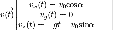 \overrightarrow{v(t)}\begin{vmatrix}v_{x}(t)=v_{0}{\mathrm{cos}}\alpha & & \\v_{y}(t)=0& \\v_{z}(t)=-gt+v_{0}\mathrm{sin}\alpha & &\end{vmatrix}