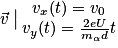 \vec{v}\left.\begin{matrix}\\\end{matrix}\right| \begin{matrix}v_{x}(t)=v_{0}\\ v_{y}(t)=\frac{2e U}{m_{\alpha }d}t\end{matrix}