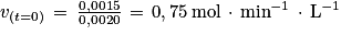 v_{\left ( t=0 \right )}\, =\, \frac{0,0015}{0,0020}\, =\, 0,75\, \textrm{mol}\, \cdot \, \textrm{min}^{-1}\, \cdot \, \textrm{L}^{-1}